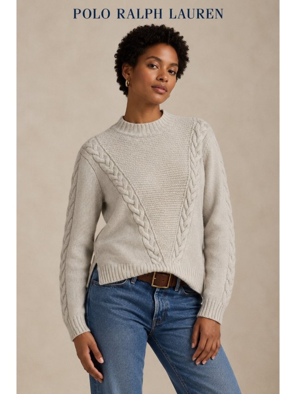 Polo Ralph Lauren 100% Cashmere Light Gray Cable Knit Sweater M